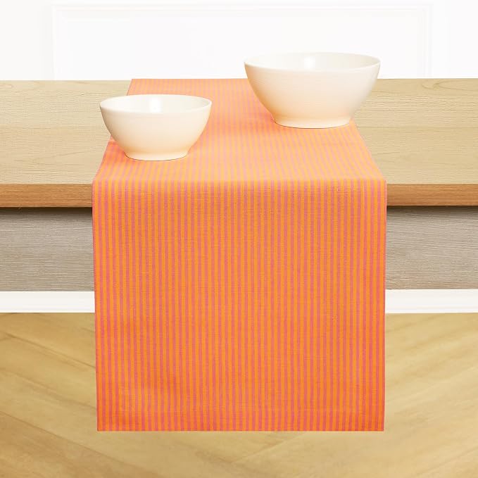 Solino Home 100% Linen Table Runner, 14 x 72 in, Pink and Orange Striped | Narrow Stripe, a graceful centrepiece for dining and gatherings, woven stripe, European flax fibres, soft, OEKO-TEX Certified