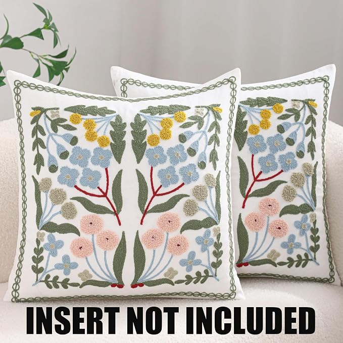 Embroidered Throw Pillow Covers 18x18 Pack of 2 Decorative Pillow Covers Blue Floral Pillowcases Farmhouse Pillow Cushion Cases Square Flower Pillow Case Summer Home Decor