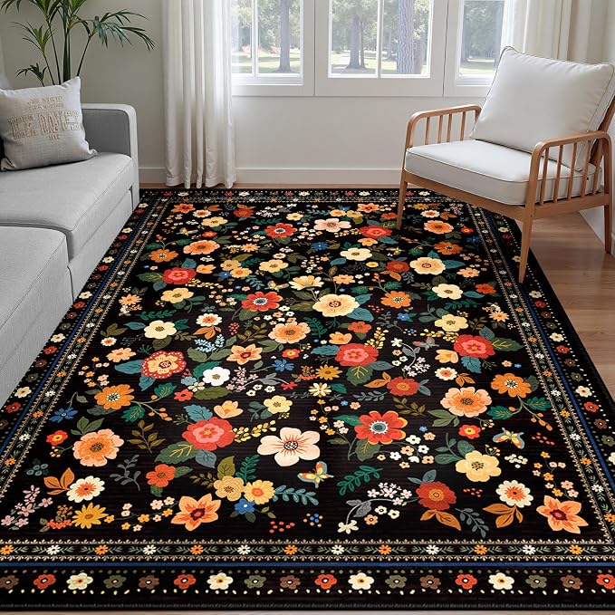 Washable Floral Area Rug for Living Room 6x9 Black | Non-Slip，Vacuum-Friendly, Low Pile, Flower Carpet for Bedroom Kitchen Entryway Dining Room Office Nursery