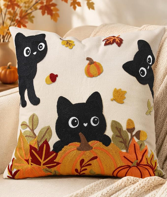 Fall Embroidered Throw Pillow Cover 18x18 Inch, Cat Pumpkin | Decorative Pillow Cover, Fall Cushion Cases with Hidden Zipper, Autumn Halloween Decor for Couch, Sofa, Living Room