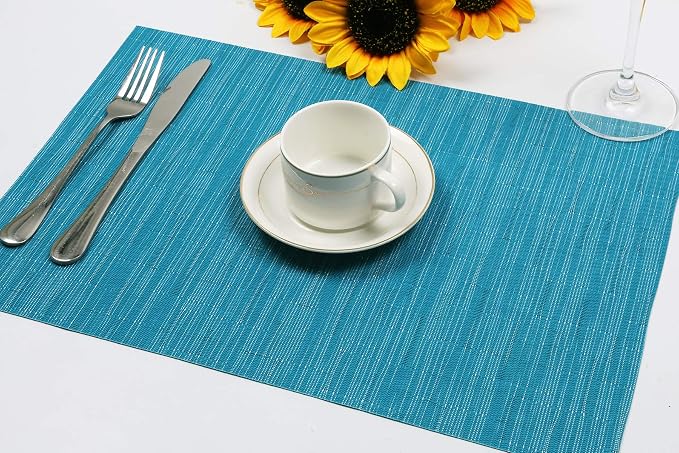 SHACOS Indoor Outdoor Placemats Set of 8 Woven Vinyl Place Mats for Dining Table Wipeable Heat Resistant Washable Kitchen Patio Table Mats (8, Teal Blue)