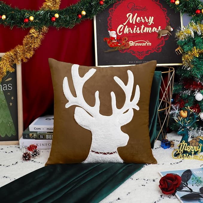 BRAWARM Christmas Pillow Cover 20 X 20 Inches, Brown Reindeer Embroidered Pillow Cover, Soft Velvet Decorative Throw Pillow for Couch Bed Sofa Living Room Home