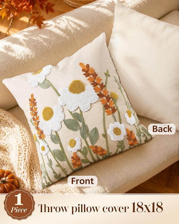 Wildflower Embroidered Throw Pillow Cover 18x18 Inch Fall Floral