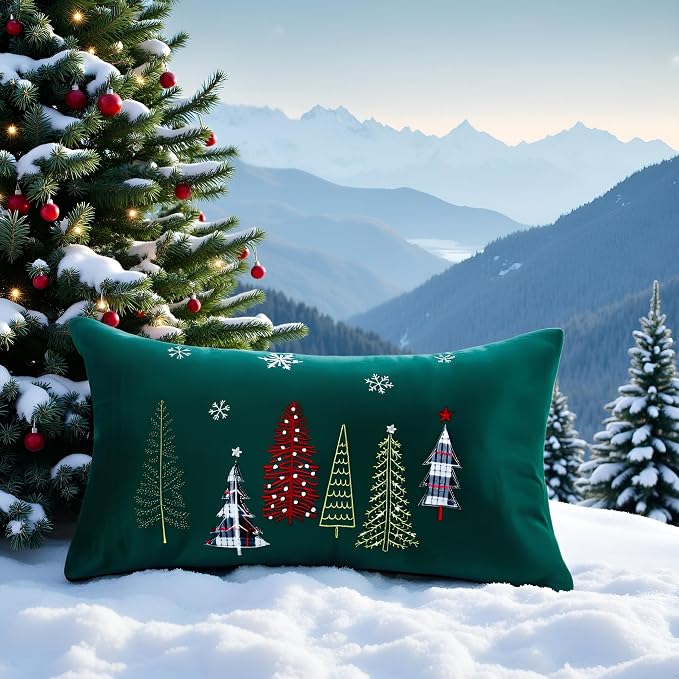 Christmas Embroidery Throw Pillow Covers 12 x 20 inch Set of 2 Christmas Dec Velvet Pillowcases Forest Green Xmas Trees Cushion Pillow Cases Soft Lumbar Holiday Pillowcase