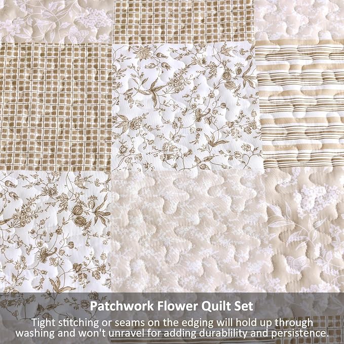 Mybedsoul Beige Boho Quilt Set Full Size, Patchwork Quilt Bedding Set | 3 Pieces Plaid Floral Bedspread Coverlet Set for All Seasons, Soft Lightweight Patchwork Reversible Bedding Set 78"×90"