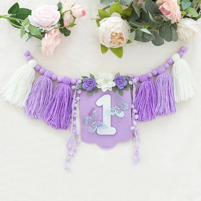 JUIIZAY Butterfly First Birthday Decorations for Girl Purple High Chair Banner One Flower Cake Topper Floral Hat 1st Birthday Decoration Supplies