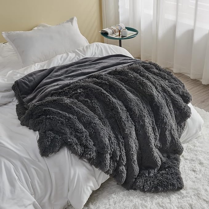 GONAAP Fuzzy Faux Fur Queen Blanket for Couch, Dark Grey, 90"x90" | Warm Cozy Plush Shaggy Decorative Reversible Thick Non-Heated Fleece Blanket for Sofa Bed, Gift for Women Men, All Season Use