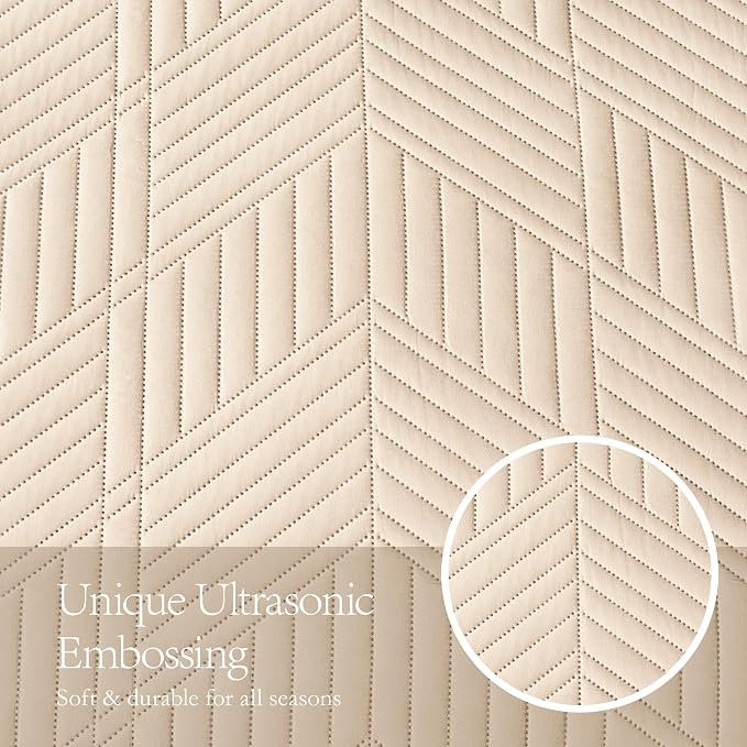 Davulos Queen Quilt Bedding Set,Beige Ultrasonic Full/Queen Quilt Set Reversible Microfiber Bedspread,Lightweight Soft Modern Geometric Coverlet Set for All Seasons(1 Quilt,2 Pillow Shams)