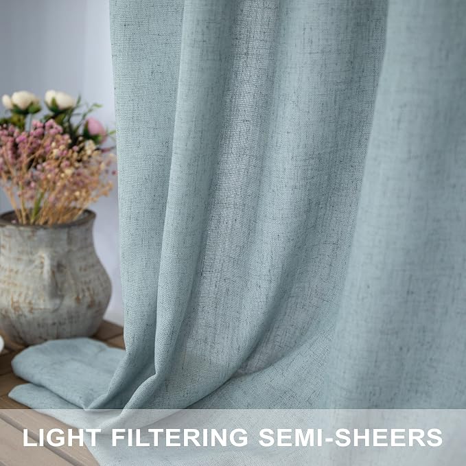 Pitalk Aqua Curtains 45 inch Length for Bedroom 2 Panels Rod Pocket Back Tab Lightweight Linen Semi Sheer Short Coastal Summer Sea Green Seafoam Curtains for Living Room Bathroom Home Office Teal