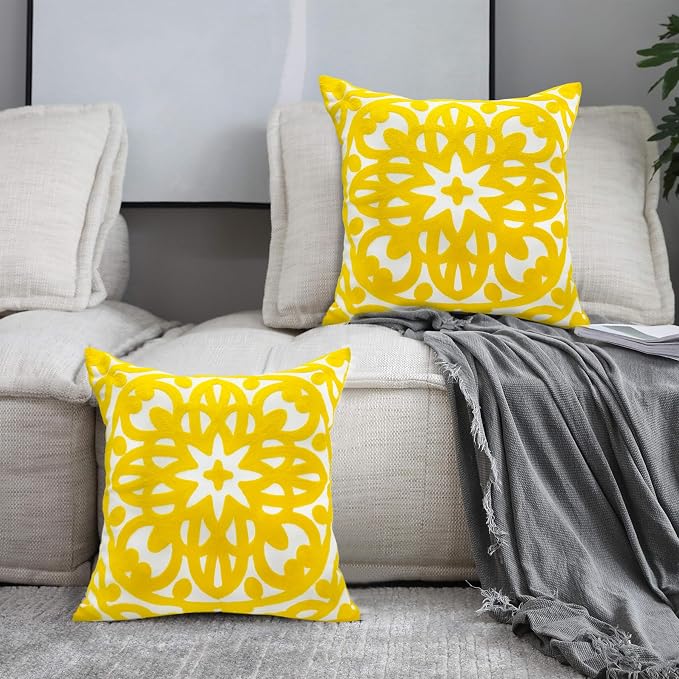Alysheer Floral Embroidered Spring Decorative Throw Pillow Cover 18"x 18" Set of 2, Boho Mandala Embroidery Yellow Patterned Cushion Case for Sofa Couch Living Room Bedroom Outdoor