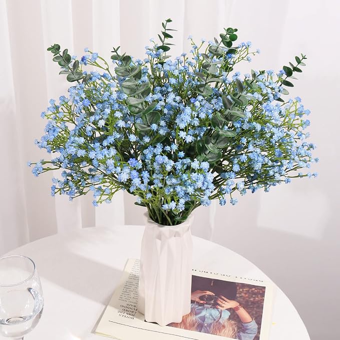 18pcs Babys Breath Artificial Flowers Fake Eucalyptus Leaves Flowers Bouquet Artificial Blue Gypsophila Bouquets Real Touch Faux Flowers for Wedding Floral Arrangement Party Home Decoration