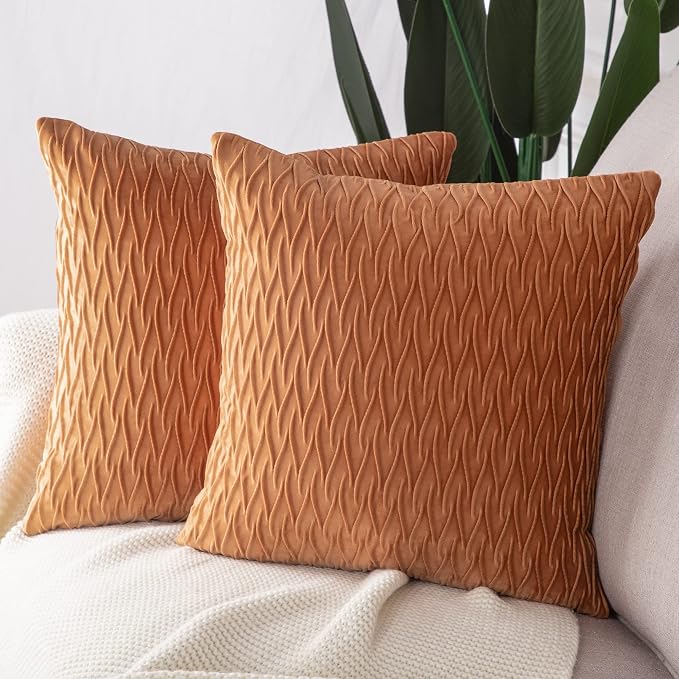 MADIZZ Set of 2 Super Soft Velvet Decorative Throw Pillow Covers 22x22 inch Orange Square with Texture Luxury Style Cushion Case Pillow Shell for Sofa Bedroom
