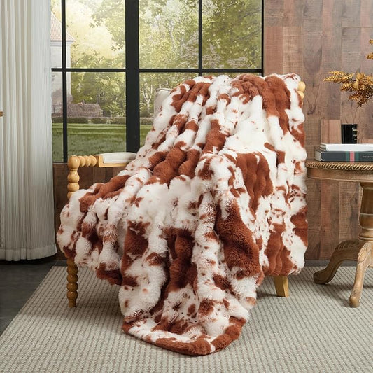 Lotus Karen Faux Fur Throw Blanket Cow Print-Light Brown, Fluffy Fuzzy Plush Bubble Blanket for Couch, 80x60 Inches Cozy Shaggy Rabbit Blanket, Luxury Decorative Gifts for Sofa Bedroom Living Room.