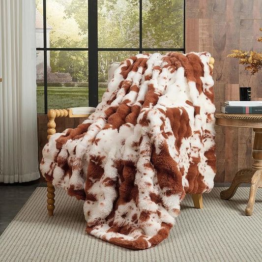 Lotus Karen Faux Fur Throw Blanket Cow Print-Light Brown, Fluffy Fuzzy Plush Bubble Blanket for Couch, 90x90 InchesCozy Shaggy Rabbit Blanket, Luxury Decorative Gifts for Sofa Bedroom Living Room.
