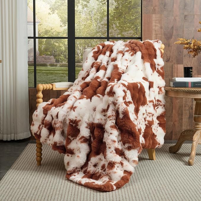 Lotus Karen Faux Fur Throw Blanket Cow Print-Light Brown, Fluffy Fuzzy Plush Bubble Blanket for Couch, 108x90 Inches Cozy Shaggy Rabbit Blanket, Luxury Decorative Gifts for Sofa Bedroom Living Room.