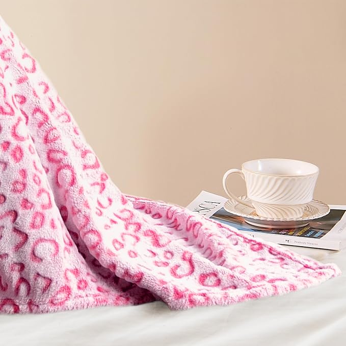 PLEASANT BOULEVARD | Leopard Throw Blanket Fleece, Premium Lightweight Cozy Warm Plush Microfiber Bedspread for Couch Sofa and Bed (Hot Pink, Throw (50 x 60 inches)