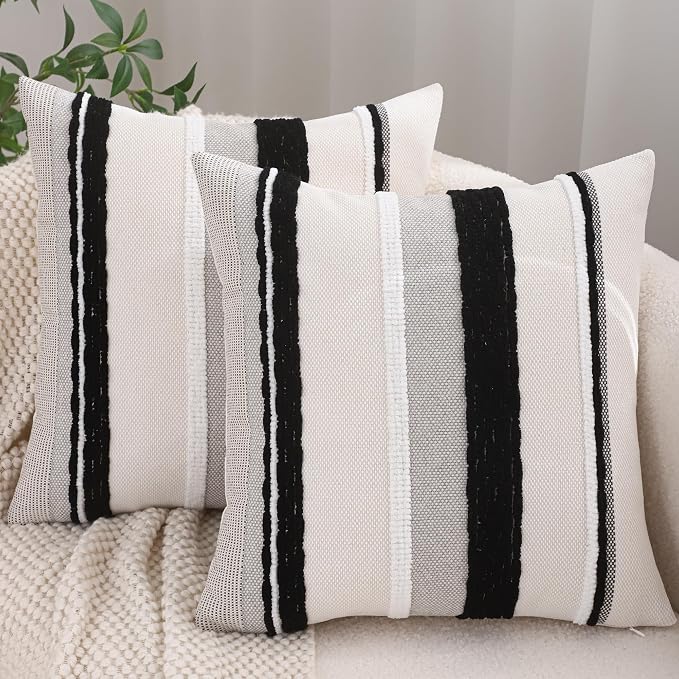 Black and White Throw Pillow Covers 18 x 18 Set of 2 Boho Decor