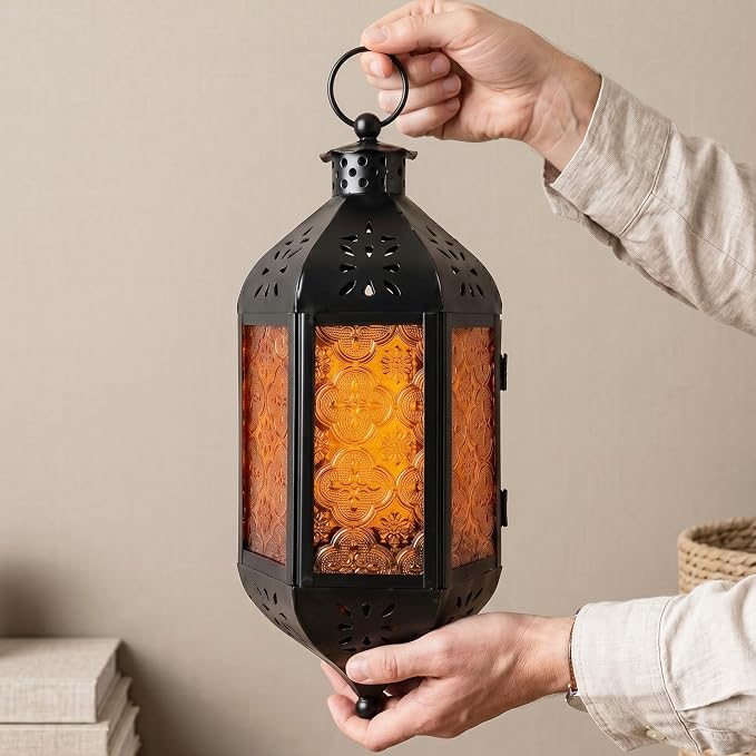 Vela Lanterns Hanging Moroccan Lantern with LED Twinkle Fairy Lights - Exotic Decorative Patio & Porch Decor, Indoor Outdoor Candle Lamp Holder with Chain (13" Large, Amber Glass)