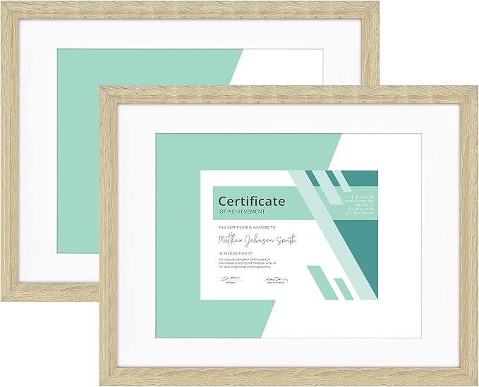 MCS Gallery Essential 11x14 Matted Diploma Frame with 8.5x11 Opening, Natural Woodgrain Picture Frame for Gallery Wall, Documents, Awards & Certificates (2-Pack)