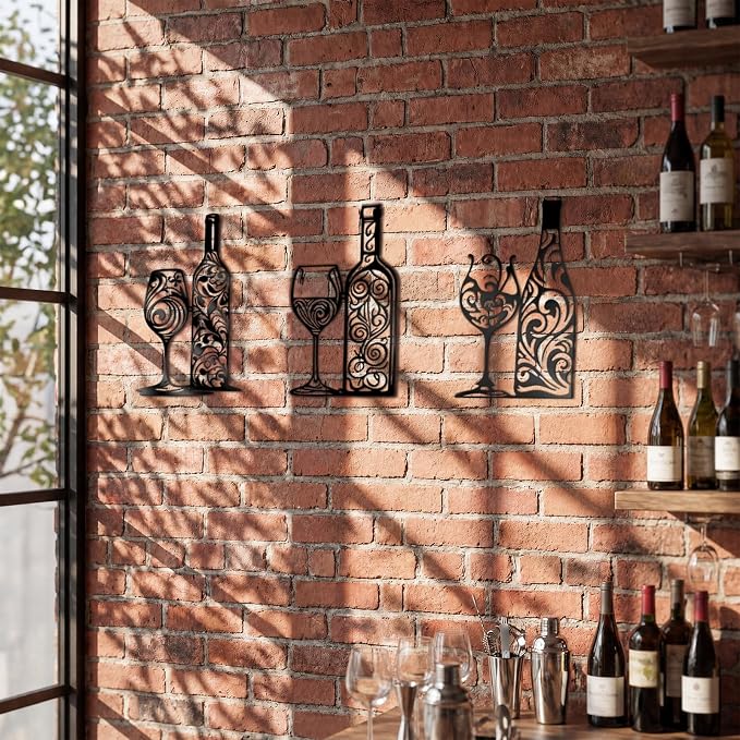 Otoolling 3 Pcs Wine Wall Art Black Metal Wine Sign 3 Style Modern Metal Bar Decor for Wall Drinker Gift for Dining Room and Entertaining Spaces(Filigree)