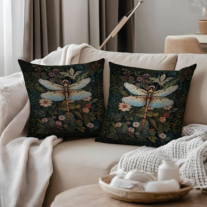 Moody Floral William Morris Dragonfly Pillow Covers 18x18, Dark Cottagecore Room Decor, Dark Academia Botanical Floral Throw Pillow Covers for Home Bedroom, Dragonfly Gifts for Women