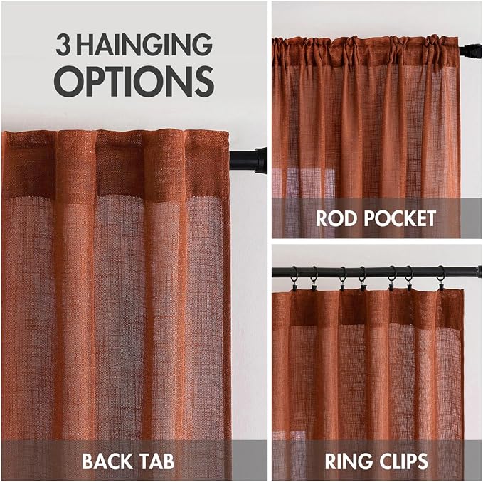 MIULEE Burnt Orange Fall Linen Curtains 52x45 Inch 2 Panels for Bedroom | Short,Soft Thick Linen Textured Basement Bathroom Kitchen Window Drapes, Semi Sheer Light Filtering, Back Tab, Fall Decor