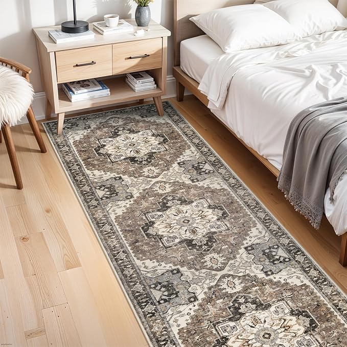 Washable Kitchen Runner Rug - 3x14 Hallway Rug Distressed Mats Non-Slip Soft Room Floor Carpet for Dining Room (Beige,3x14)