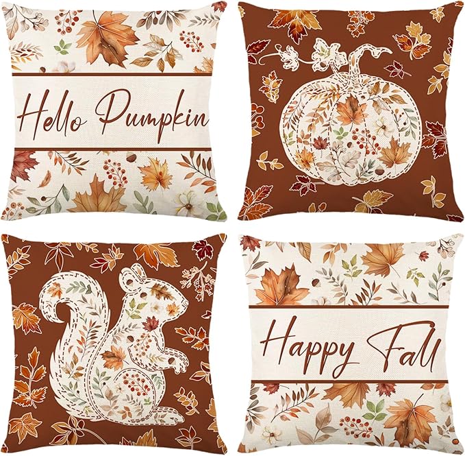 ONFAON Fall Decorations for Home, Fall Pillow Covers 18x18 Set of 4, Thanksgiving Decorations Autumn Cushion Case for Couch(Fall08)