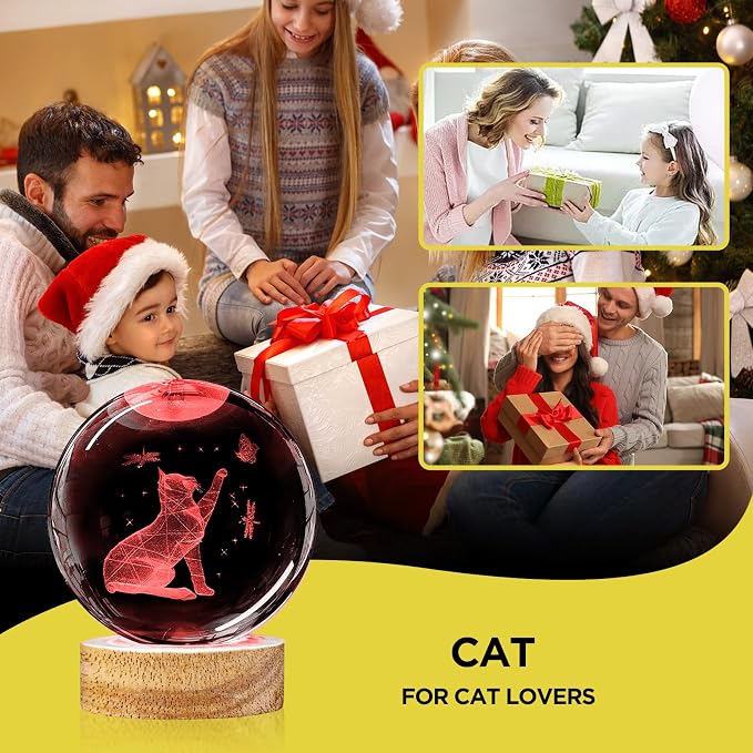 3D Cat Crystal Ball Night Light 3.15In Cat Figurines Glass Ball Lamp with 16 Color and Remote Birthday Christmas Gifts for Women Girl Friends Cat Lover Decor