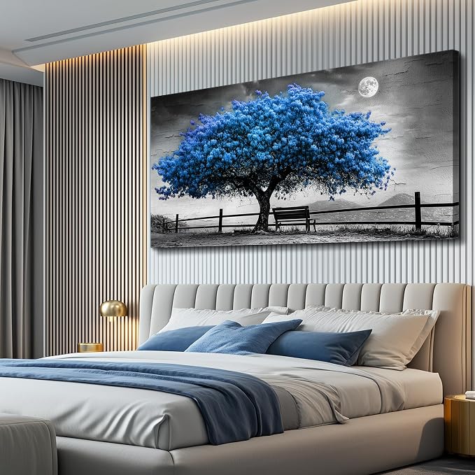 FUHAIHUA Canvas Wall Art For Living Room Wall Decor For Bedroom Office Wall Decoration Black And White Landscape Painting Blue Tree Pictures Artwork Room Aesthetic Home Decor 20x40 In