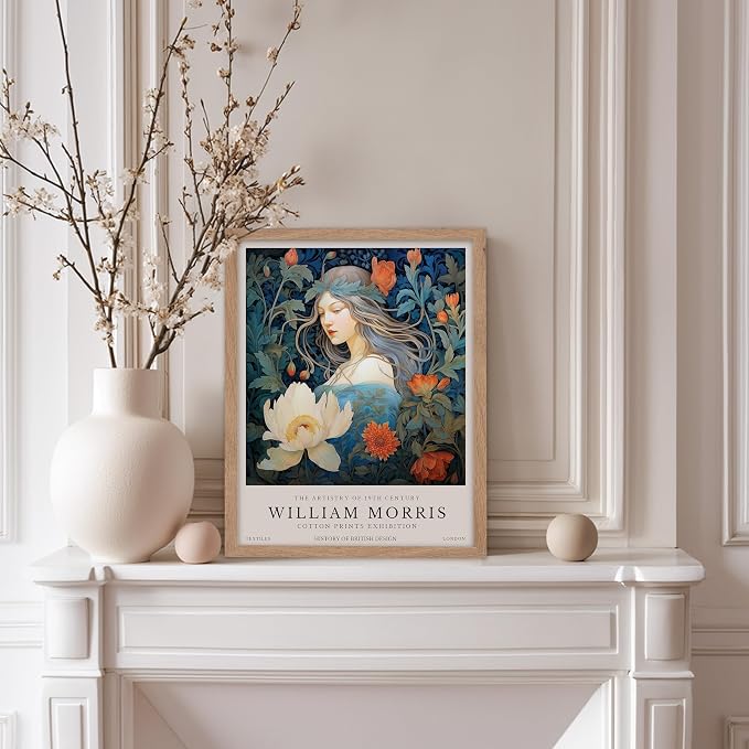 Monem Art William Morris Poster - Woman and Flowers Art Print - Lady Art - Floral Design - Flower Illustration - Aesthetic Bedroom or Living Room Decor - 8x10 Beige Framed