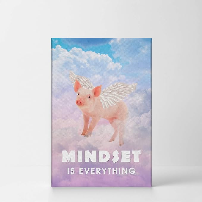 Smile Art Design Mindset is Everything Cute Pig with Wings Flying in Sky Motivational Canvas Wall Art Inspirational Wall Art Entrepreneur Quote Print Office Living Room Decor Gift Ready to Hang 40x30