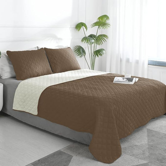 Easy-Going Reversible Quilt Set Twin, Bedspread with 1 Shams, Camel/Ivory | Machine Washable Lightweight Bed Comforter, 1 Quilt + 1 Pillow Shams, All Season Bed Coverlets for Bedroom