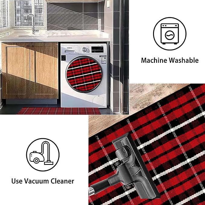 Christmas Outdoor Rugs 24 x 51''Black Red Buffalo Plaid Front Porch Rug Hand-Woven Machine Washable Indoor/Outdoor Layered Door Mats for Entryway/Bedroom/Outdoor