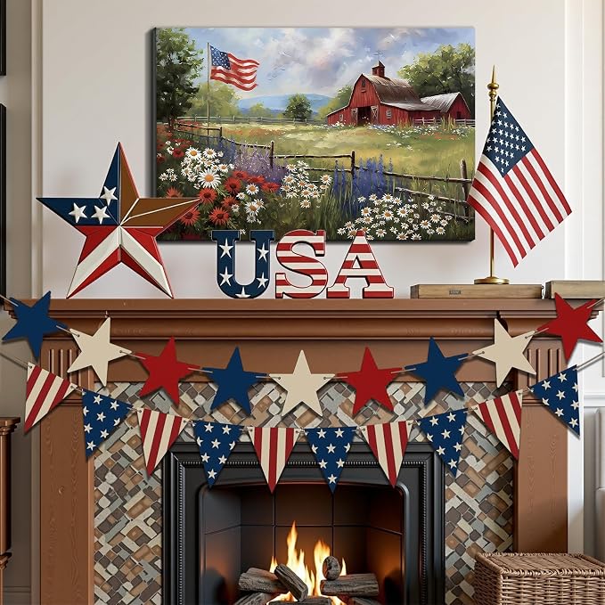 Framed Rustic American Flag Red Barn Wall Art, Patriotic Farmhouse Canvas Art Pictures, USA Flag Wall Decor for Living Room Kitchen Entryway, Ready to Hang Made in USA