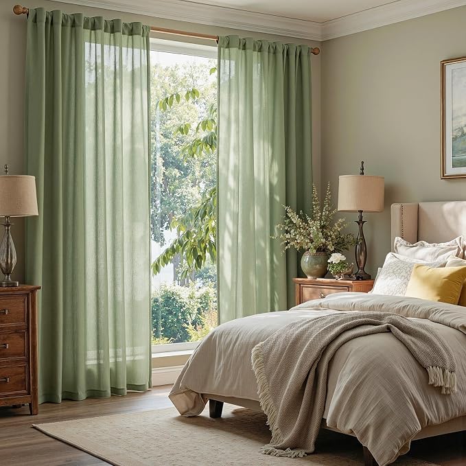 MYSKY HOME Sage Green Sheer Curtains 63 inch Length Semi Sheer Curtains for Bedroom Light Filtering Short Window Treatment Privacy Protect Boho Farmhouse Soft Drapes Set, Back Tab, 50" Wide, 2 Pieces
