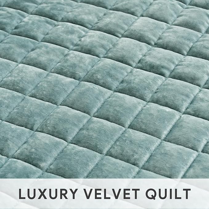 RECYCO Channel Box Stitch Velvet Quilt Set, Full Queen Size, Aqua Green | Ultra Soft Lightweight Velvet Comforter, Luxury Oversized Bedspread Coverlet, Quilted Bedding Set for All Season with 2 Shams