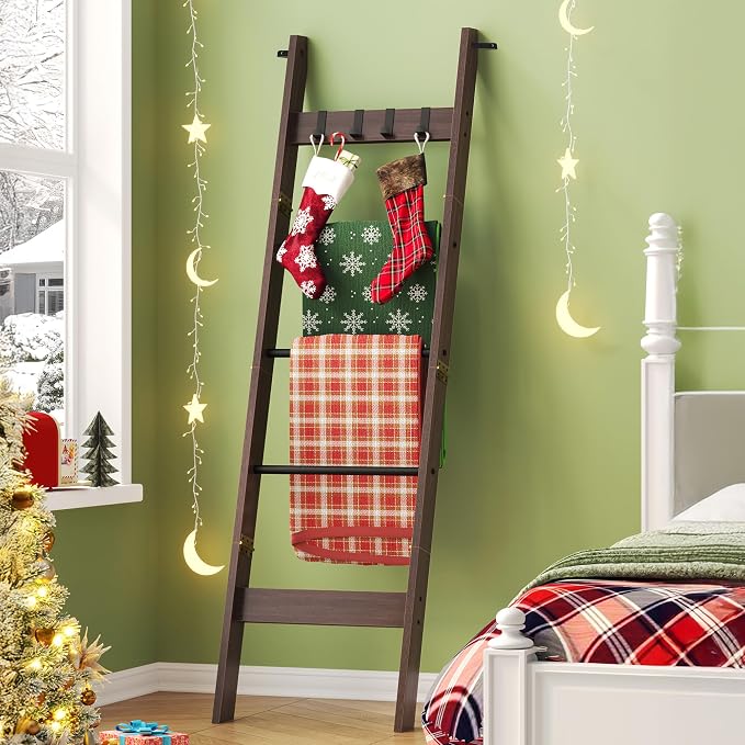 Hzuaneri Blanket Ladder Decorative Quilt Rack with 4 Removable Hooks | 5-Tier Farmhouse Ladder Holder Shelf Organizer for Living Room Bedroom, Black Tea Brown and Black BR02120B