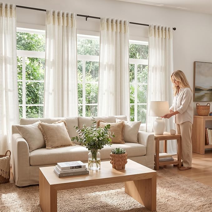 jinchan Linen Curtains for Living Room Bedroom Light Filtering Semi Sheer Curtains Boho Farmhouse French Country Cottage Core Decor Window Drapes Back Tab 90 Inch Length Tassel Beige