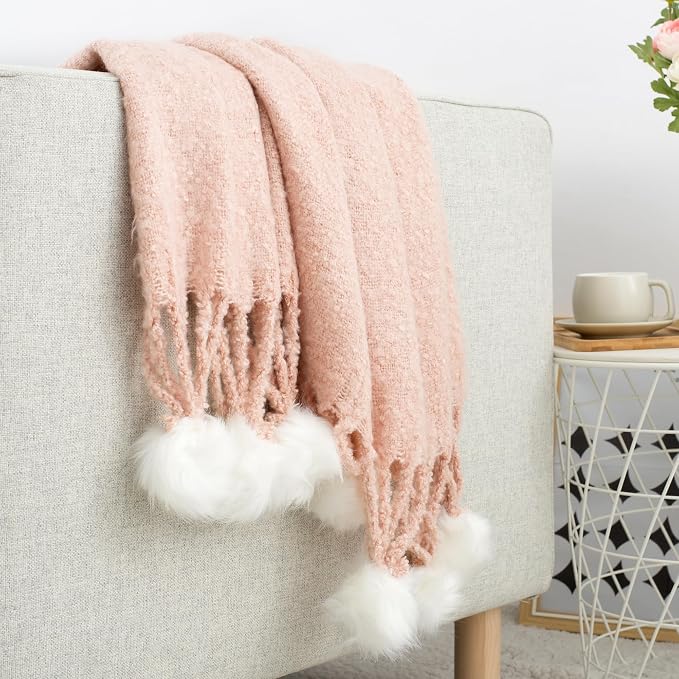 Pink Pom Pom Throw Blanket for Couch, 50"X60" Soft Lightweight Knitted Farmhouse Decorative Blankets for Bed and Sofa