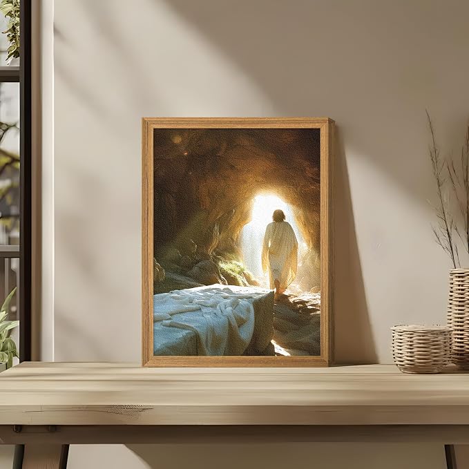 3D Textured Framed Easter Jesus Wall Art, Jesus Leaves the Tomb Christian Wall Decor Painting, Religion Resurrection Savior Picture Poster Print for Church Prayer Room Living Room 12x16 Inch
