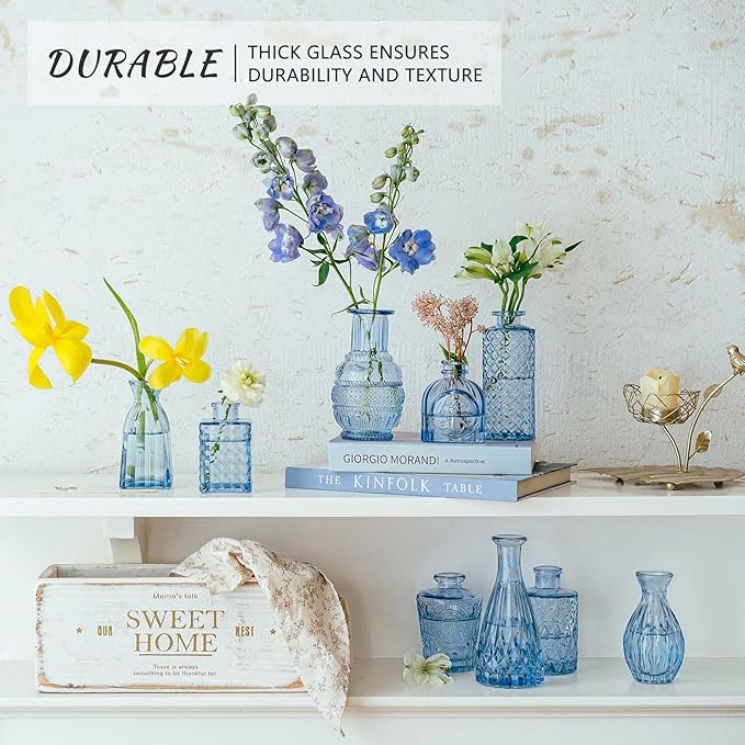 SUPMIND 16P Blue Glass Bud Vases, Small Flower Vases for Table Centerpieces | Cute Mini Vintage Vases in Bulk for Wedding Decoration, Baby Shower, Home Decor, Table Centerpieces