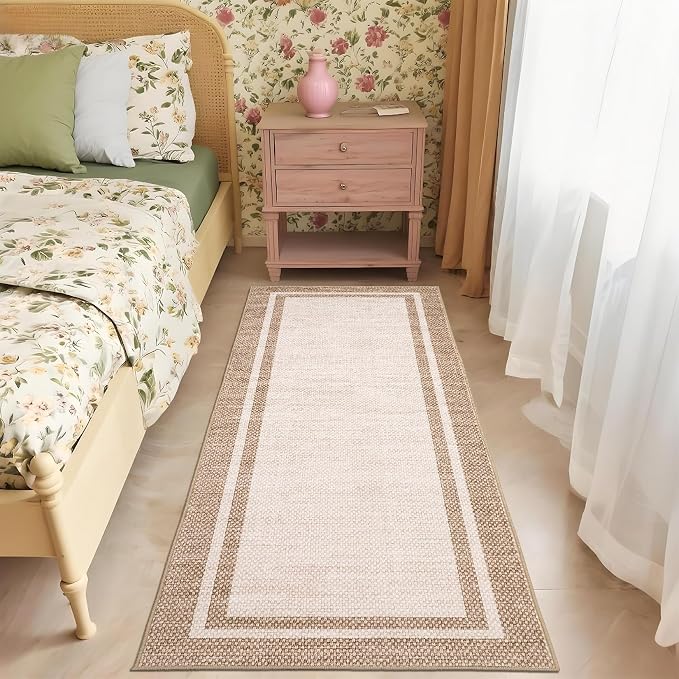 COZYLOOM 2x10 Runner Rug for Bedroom Washable Kitchen Rugs Non Slip Non Shedding Minimalist Rug Stain Resistant Low Pile Floor Cover Foldable Soft Modern Mats for Bathroom, Entryway, Hallway, Beige