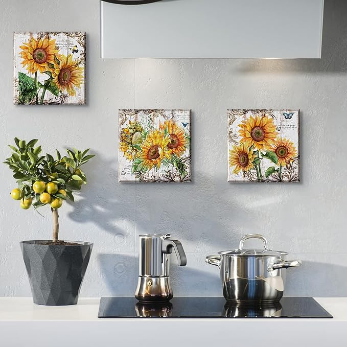 Sunflower Canvas Wall Art Prints Room Decor For Home Office Apartment Wall Decor 24x24 Inch Rustic Sunflower Bathroom Pictures Wall Decorations Inspirational Kitchen Country Artwork Poster 4 Pcs