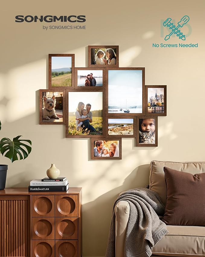 SONGMICS 10 Tool-Free Assembly Collage Photo Frames for Wall | Multi Picture Frames, Two 8 x 10 Inches, Four 5 x 7 Inches, Four 4 x 6 Inches, Rustic Brown, KAVI Collection URPF100MZ01