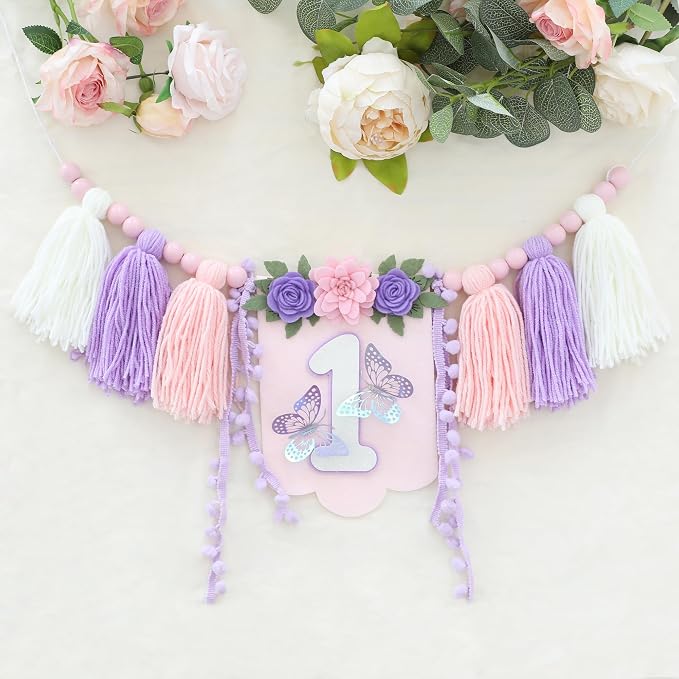 JUIIZAY Flower 1st Birthday Party Decorations for Girl Butterfly Highchair Banner 1st Hat One Floral Cake Topper Party Decor