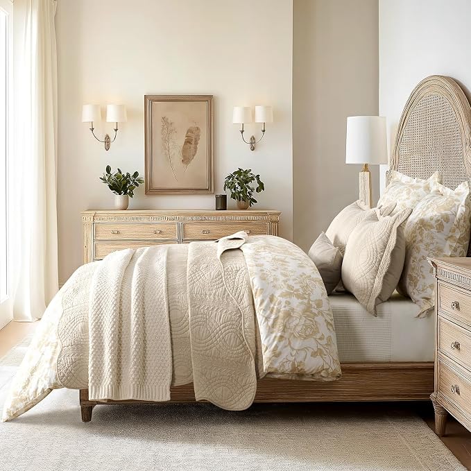 EverGrace 100% Cotton Scallop Quilt Set, Queen Size, Flax Beige | Scalloped Border, Timeless Chic Aesthetic, All-Season Comfort, Perfect French Country Bedroom Decor, 3 Piece Set with 2 Shams