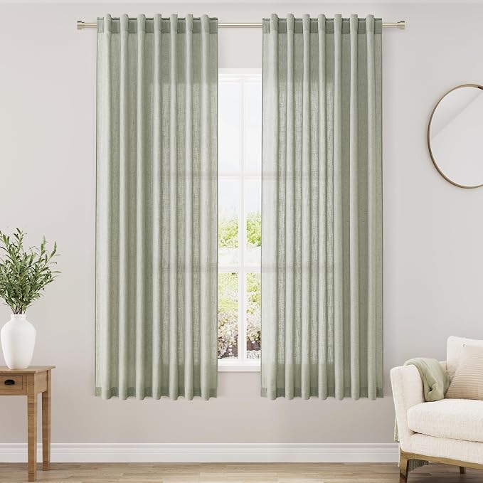 Sage Green Linen Curtains 63 Inches Length 2 Panels Set for Living Room Back Tab Pocket Light Filtering Semi Sheer Drapes Cotton Linen Textured Pale Green Window Curtain 52X63 Inches