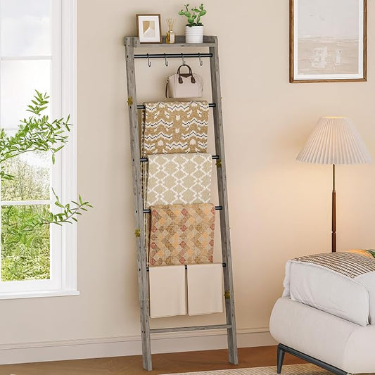 Hzuaneri Blanket Ladder Shelf, Farmhouse Ladder Holder, Blanket Organizer | 7-Tier Decorative Quilt Rack with 4 Removable Hooks 7.9" D x 17.3" W x 66.9" H, Greige BR36805B