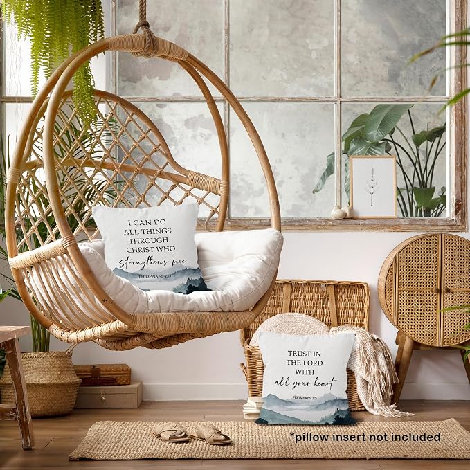 Boho Christian Bible Inspirational Throw Pillow Covers 18x18 Set of 2, Mountain Woodland Decor Pillow Cases Gifts for Bedroom Living Room, Philippians Proverbs Pillowcases for Couch Bed Sofa